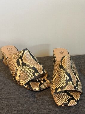 MT Snake-Print Open-Toe Mules in Beige and Black- wide foot friendly